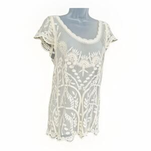 Capri Clothing Brand Ivory Womens Small Lace Round-Neck Boho Sheer Blouse Whimsy